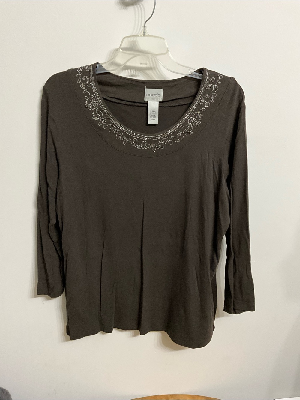 Chico's Brown Scoop Neck Long Sleeve Top with Embroidered Neckline